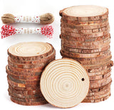 50Pcs Wood Slices 2.4"-2.8" Unfinished Natural Wood Rounds with Pre-drilled Hole and 66Feet Twine String, Wood Slices for Wood Burning Painting DIY Crafts Christmas Ornaments Party Wedding Decor